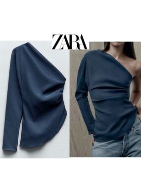 Zara women’s teal blue asymmetrical one sleeve one shoulder ruched top blouse M